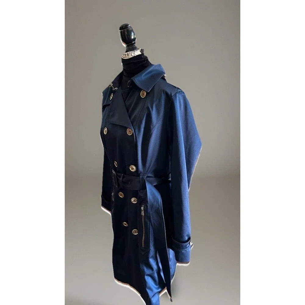 London Fog Heritage Double Breasted Belted Trench Dark Blue Satin Sheen Size L - Picture 5 of 16